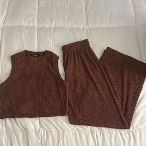 Ruched Brown Ribbed Wide-Leg Pants - Women